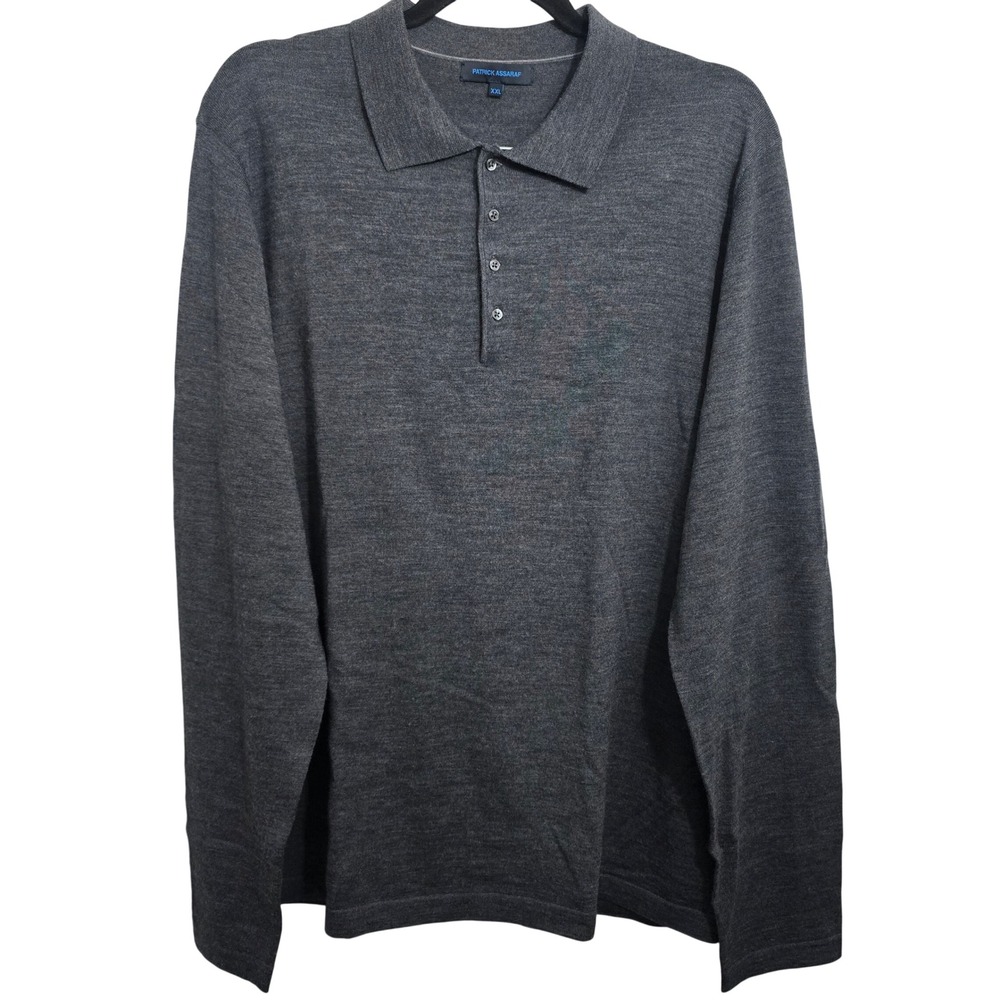 Patrick Assaraf Mens XXL Charcoal Grey 100% Merino Wool Polo Long‎ Sleeve Shirt